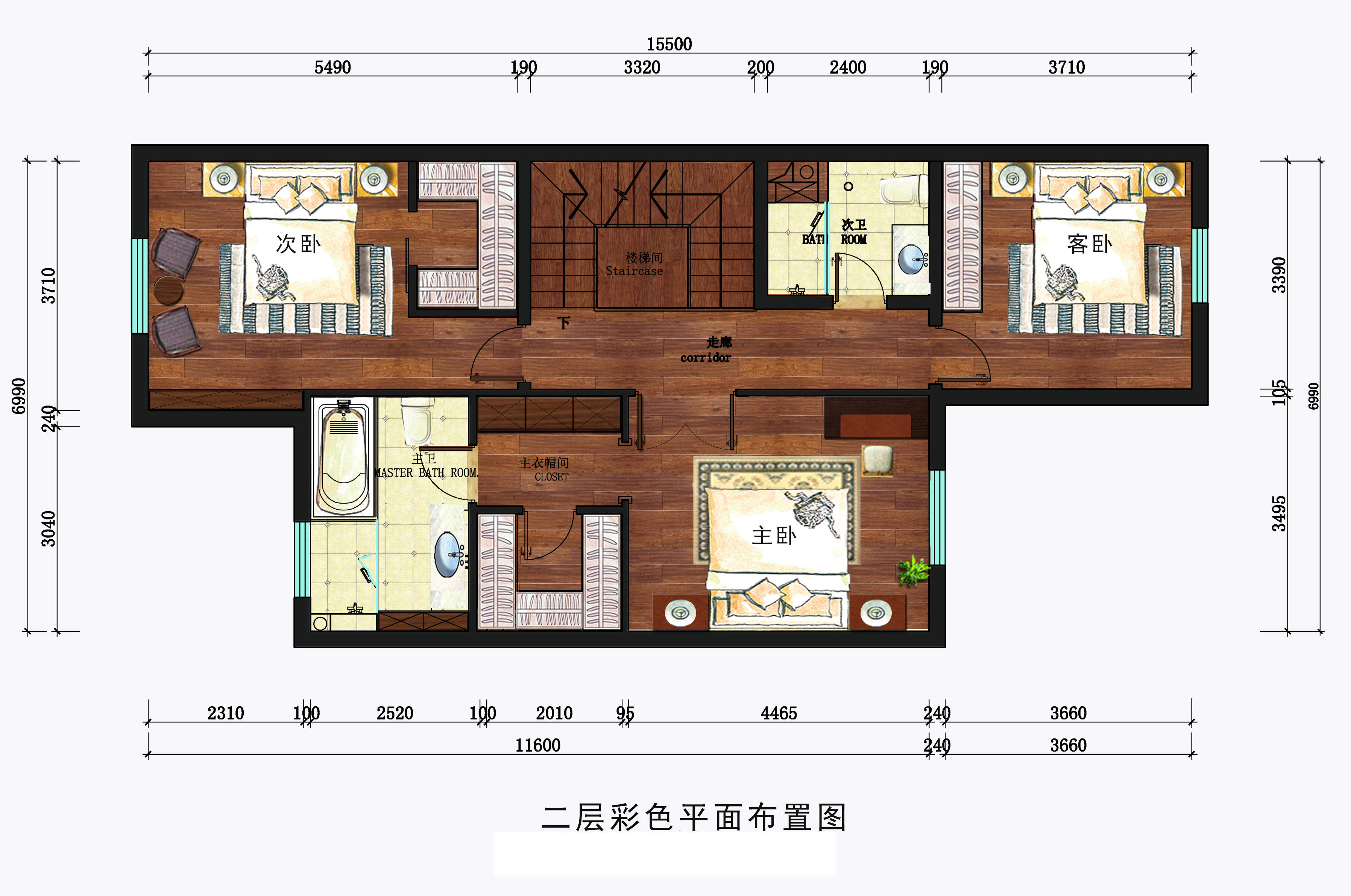 香江别墅二层彩色平面部署图